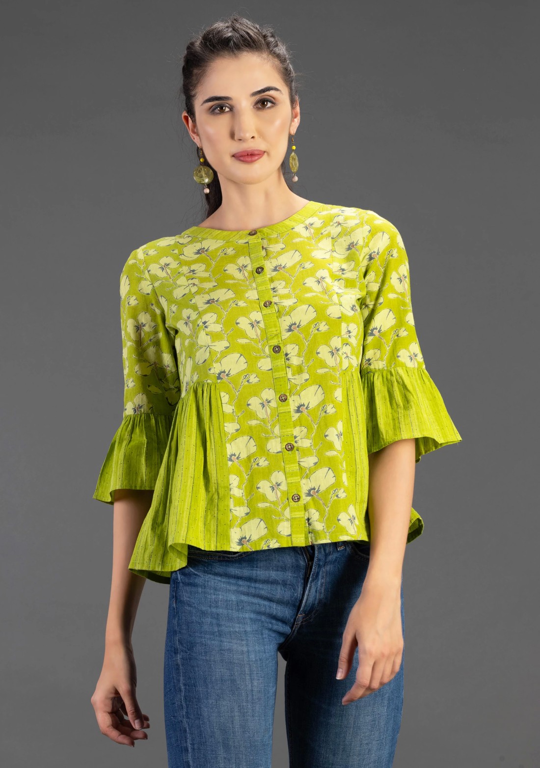 Green Floral Printed Pure Cotton Top