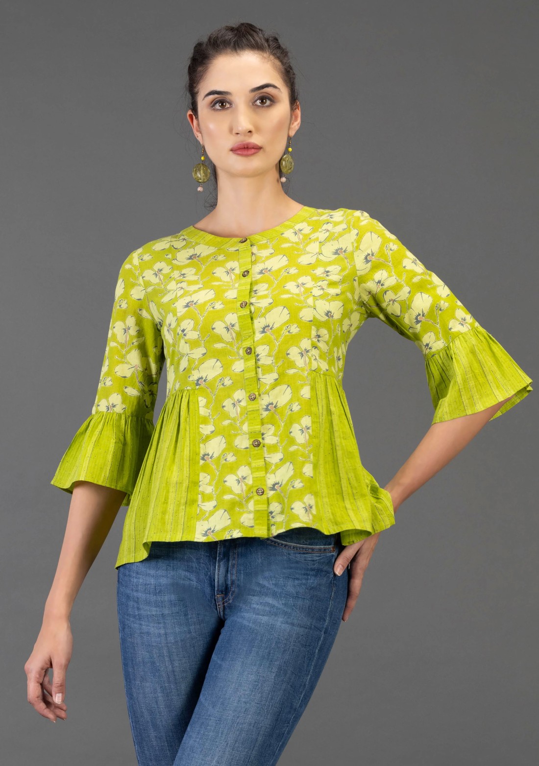 Green Floral Printed Pure Cotton Top