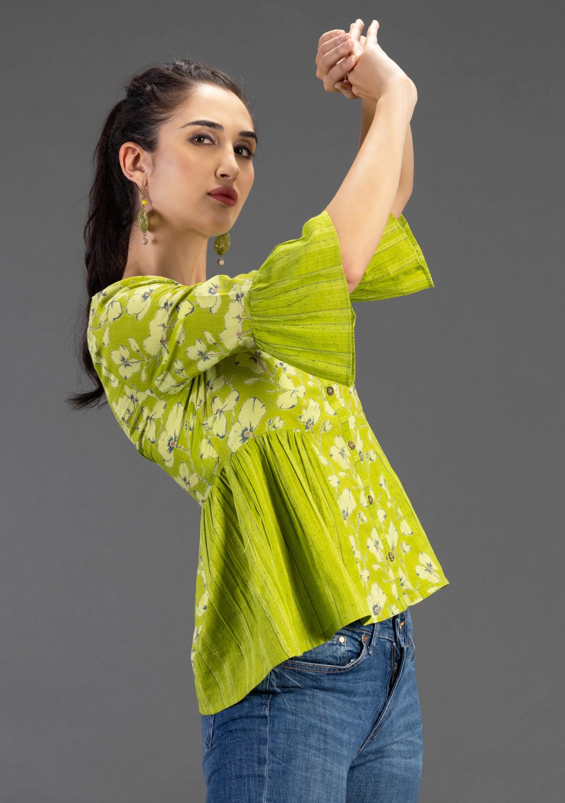 Green Floral Printed Pure Cotton Top