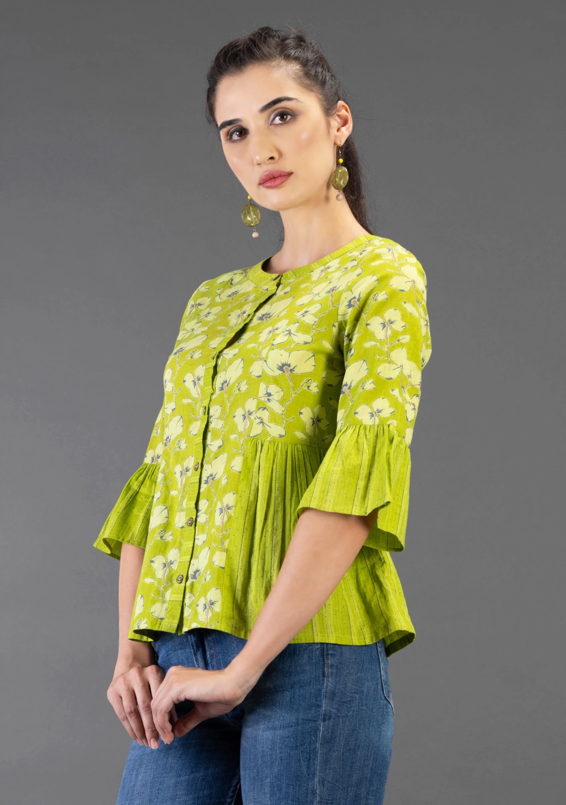 Green Floral Printed Pure Cotton Top