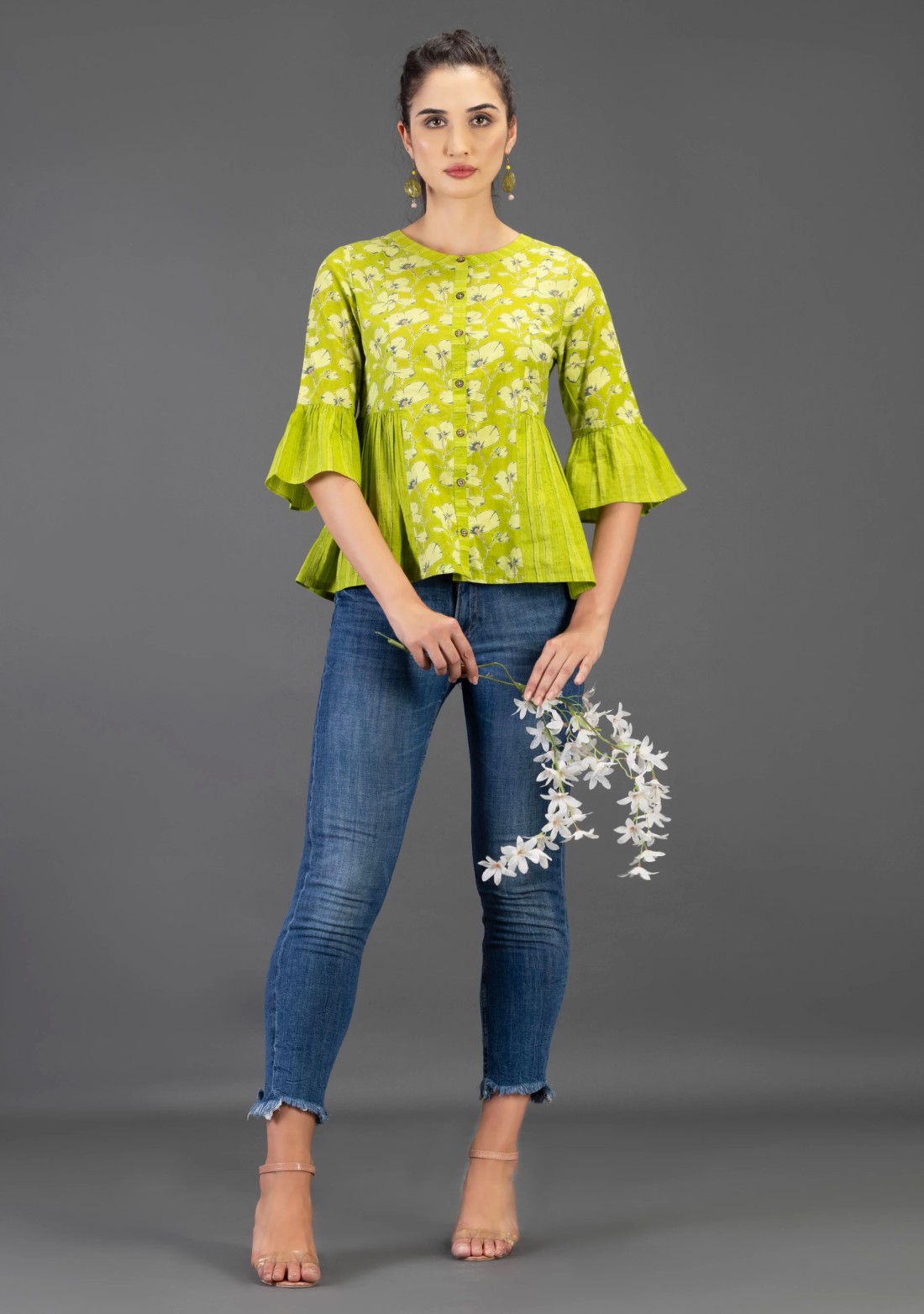 Green Floral Printed Pure Cotton Top