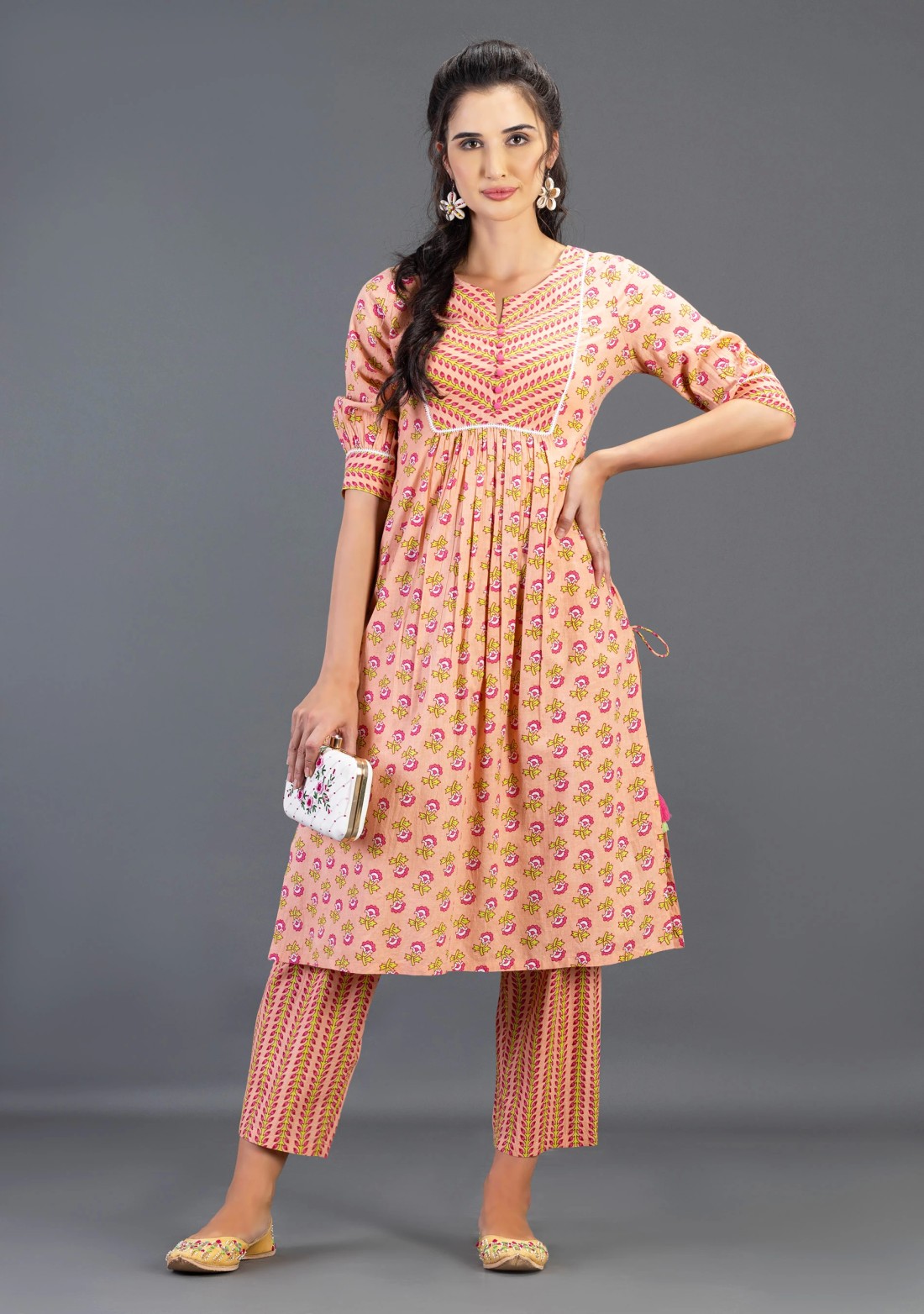 Peach Floral Printed Gathered Pure Cotton Straight Kurta With Pants