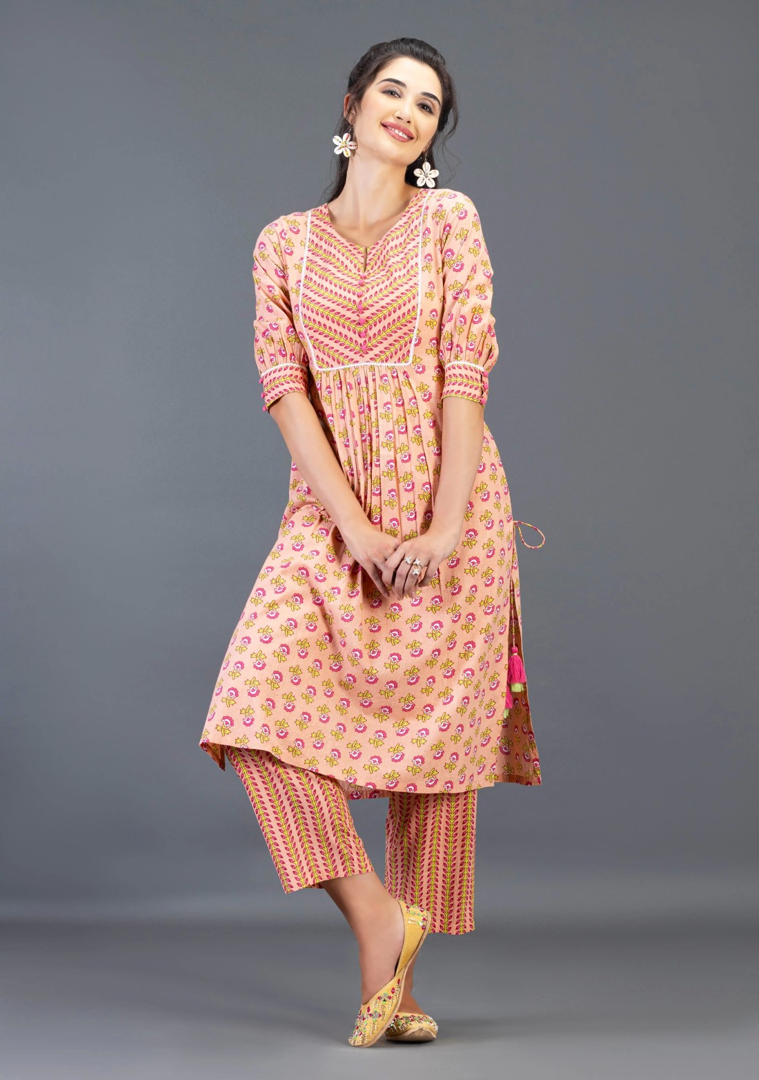 Peach Floral Printed Gathered Pure Cotton Straight Kurta With Pants