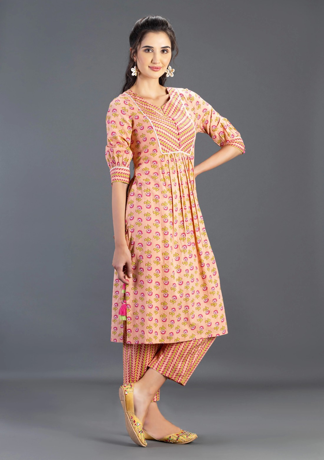 Peach Floral Printed Gathered Pure Cotton Straight Kurta With Pants