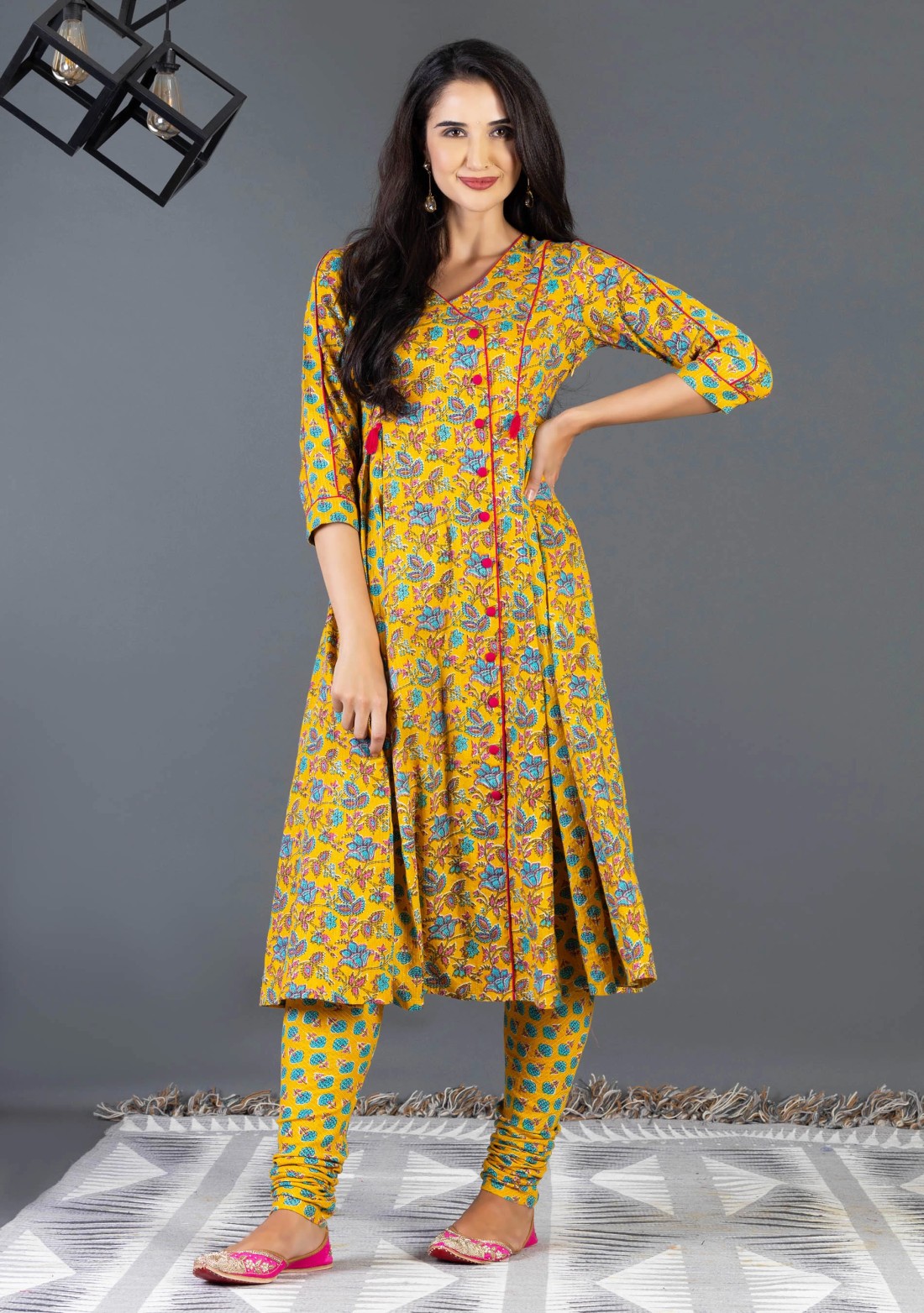 Yellow Ethnic Print Cotton Flared Kurta Churidar Set