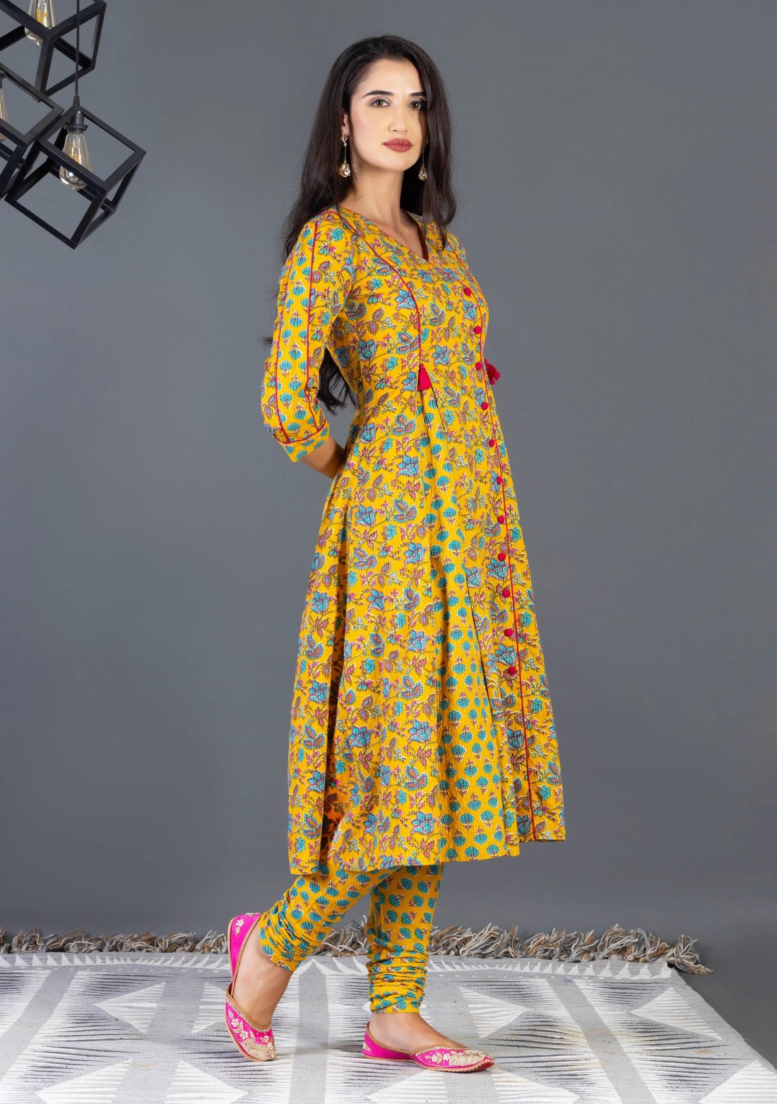 Yellow Ethnic Print Cotton Flared Kurta Churidar Set