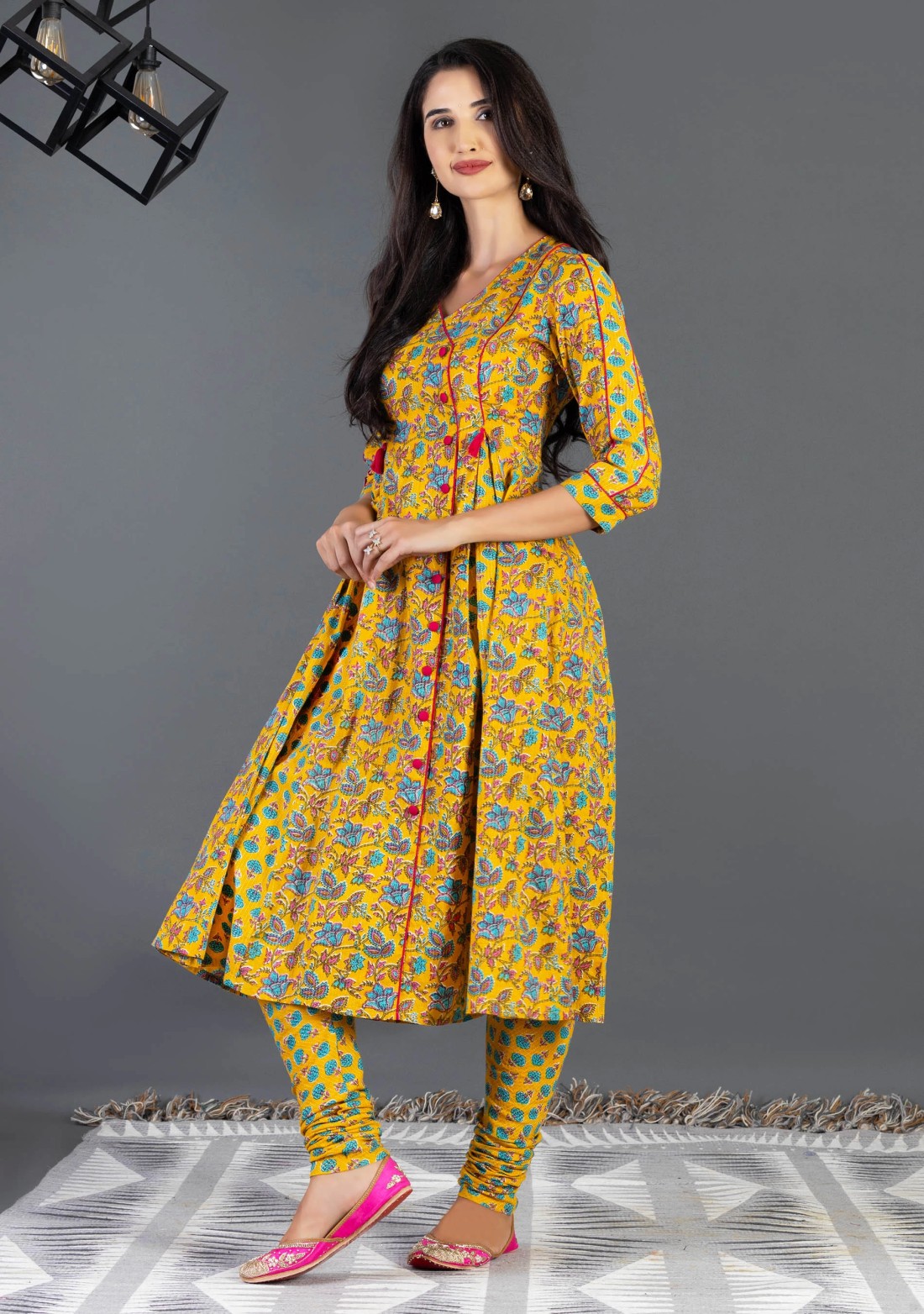 Yellow Ethnic Print Cotton Flared Kurta Churidar Set