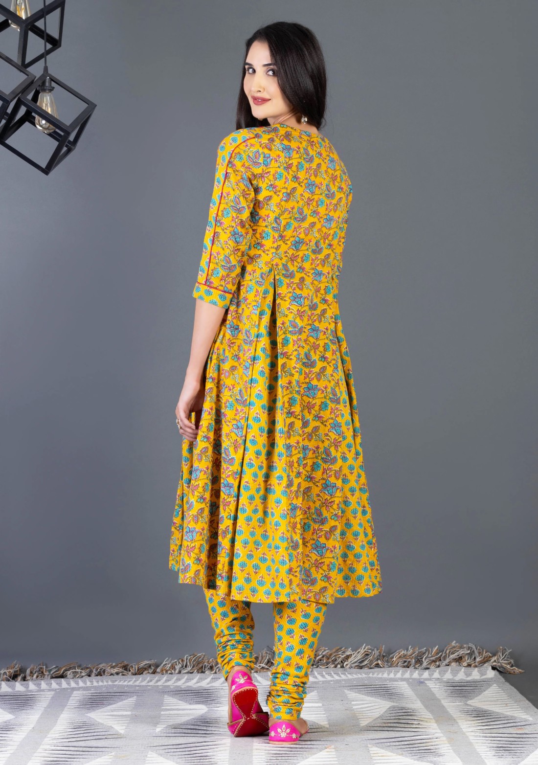 Yellow Ethnic Print Cotton Flared Kurta Churidar Set