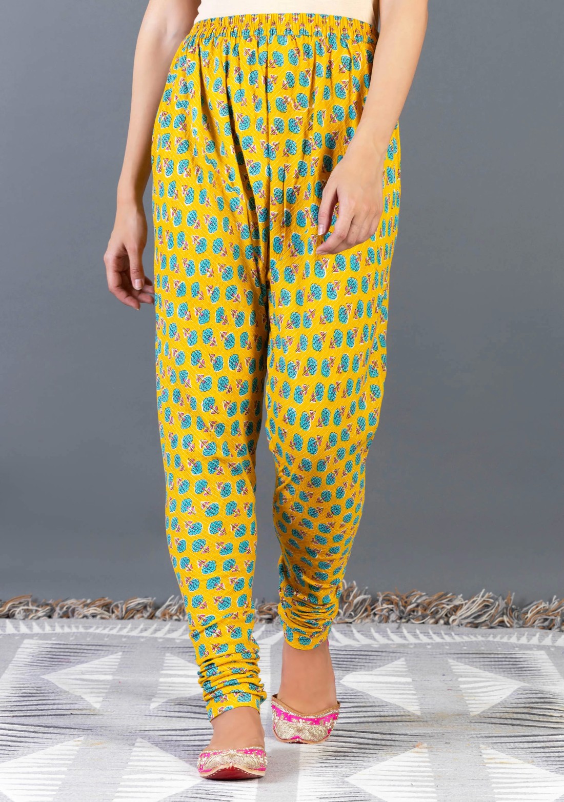 Yellow Ethnic Print Cotton Flared Kurta Churidar Set