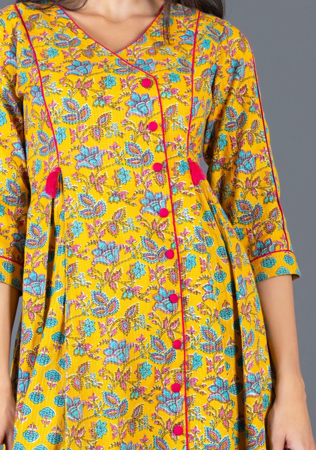 Yellow Ethnic Print Cotton Flared Kurta Churidar Set