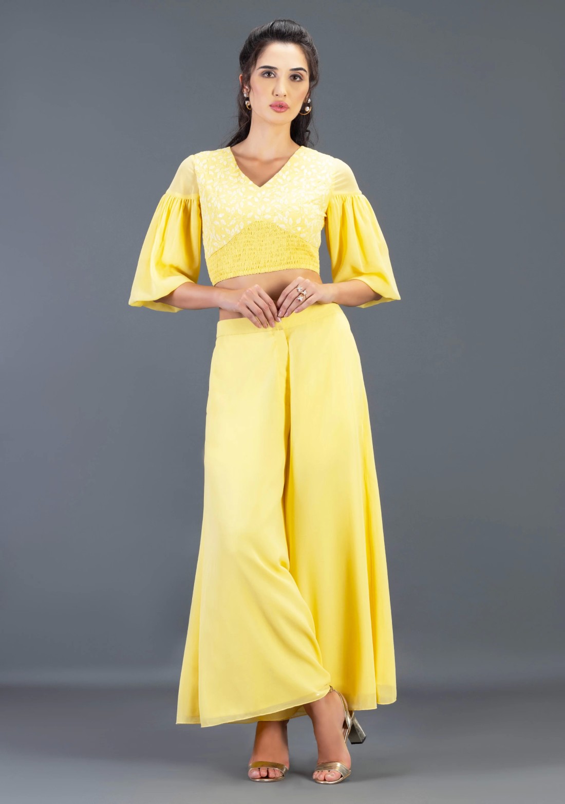 Pastel Yellow Schiffli Embroidered Georgette Co-ord Set