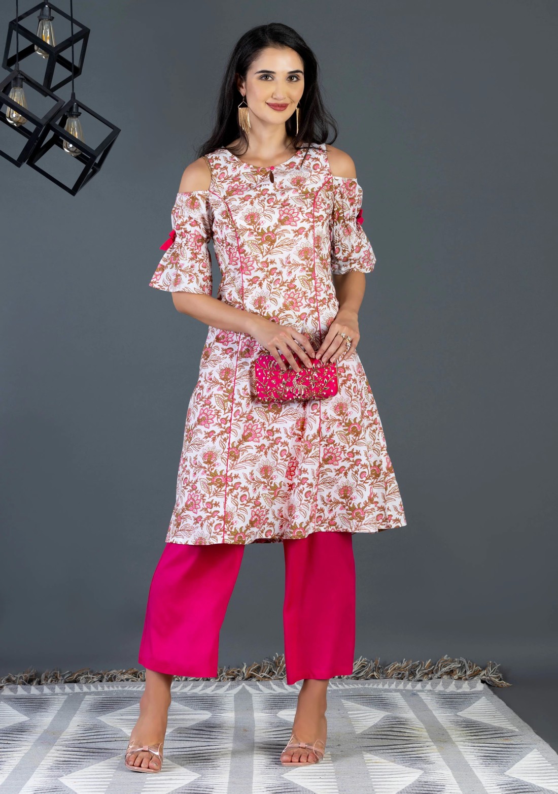 Pink & White Printed Cotton Cold Shoulder Straight Kurta