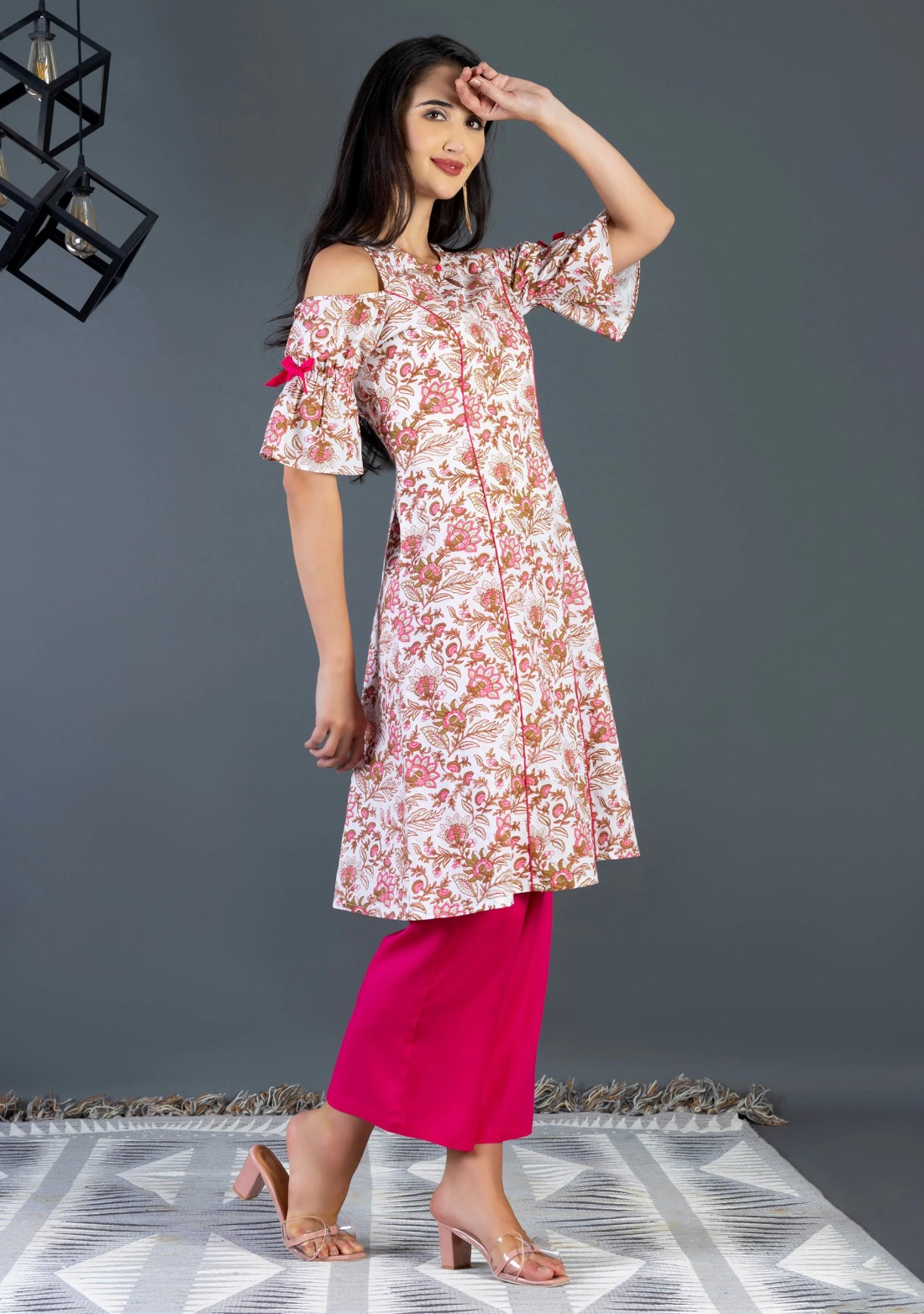 Pink & White Printed Cotton Cold Shoulder Straight Kurta