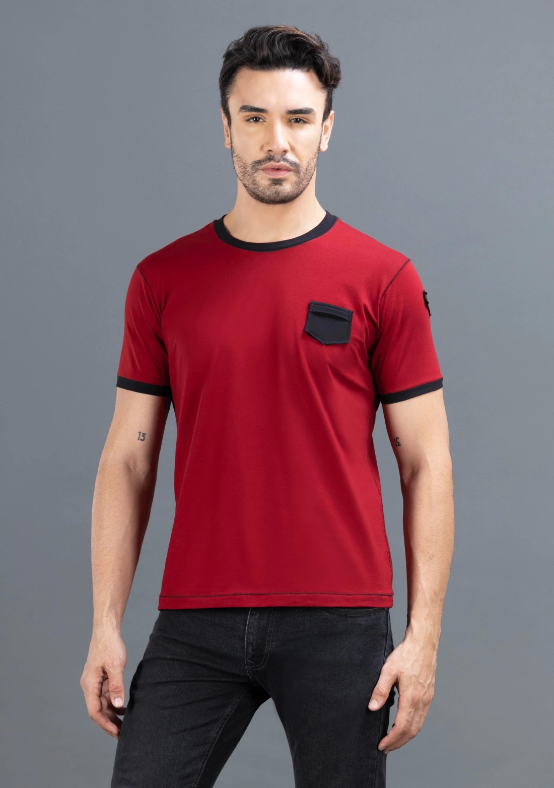 Red & Black Regular Fit Rhysley Men's Crew Neck T-Shirt