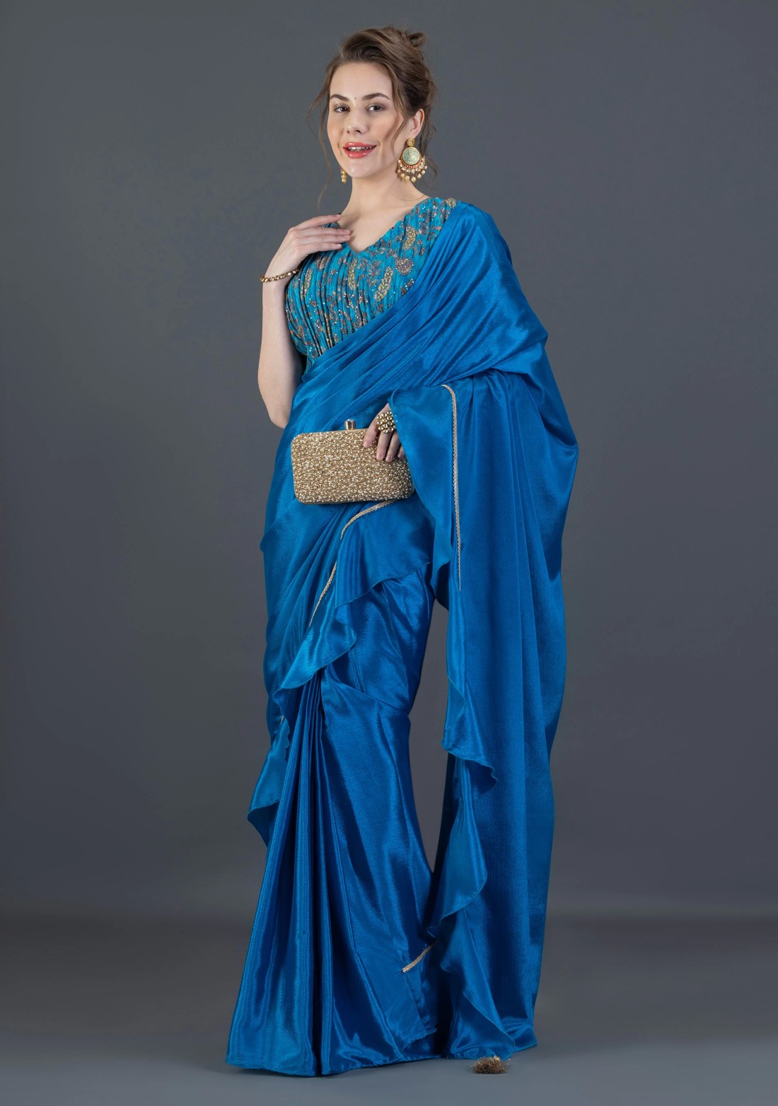 Blue Ready-to-Wear Chinnon Chiffon Ruffle Saree with Unstitched Embroidered Blouse