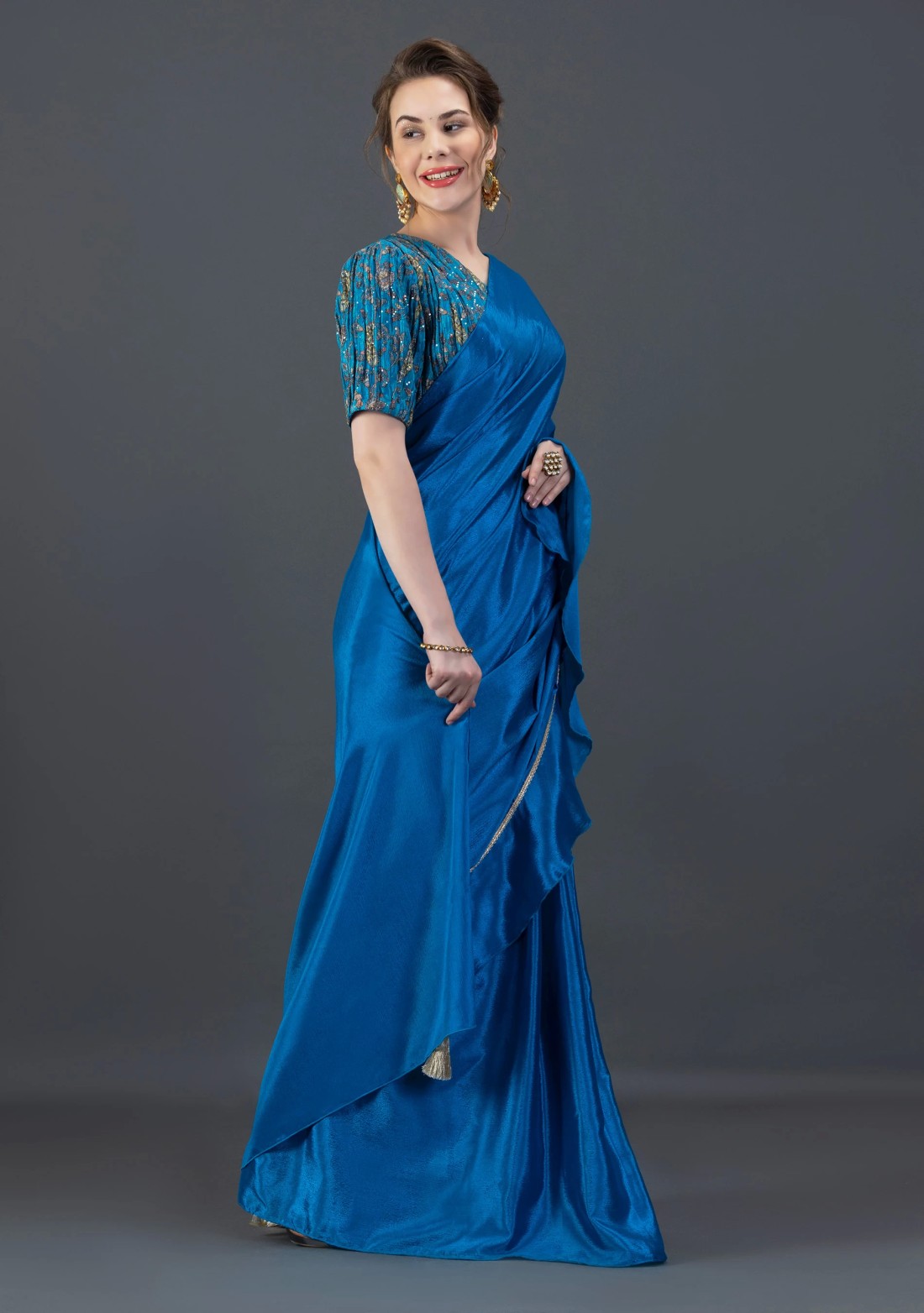 Blue Ready-to-Wear Chinnon Chiffon Ruffle Saree with Unstitched Embroidered Blouse