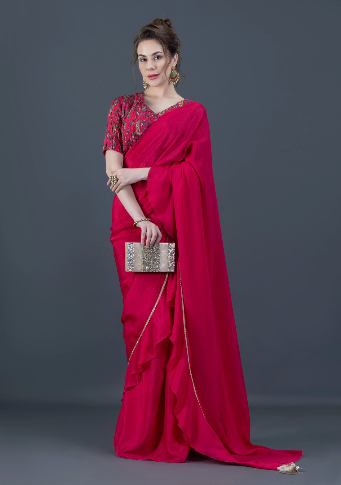 Fuchsia Pink Ready-to-Wear Chinnon Chiffon Ruffle Saree with Unstitched Embroidered Blouse