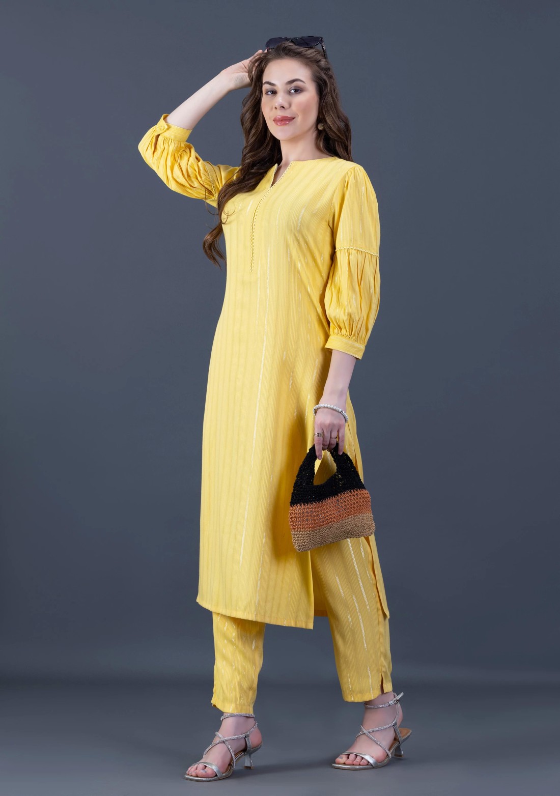 Yellow Rayon Lurex Weave Straight Kurta Pant Co-Ord Set