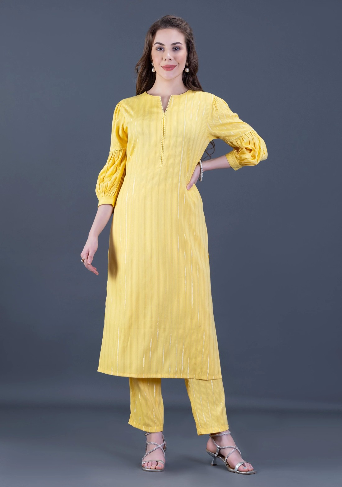 Yellow Rayon Lurex Weave Straight Kurta Pant Co-Ord Set