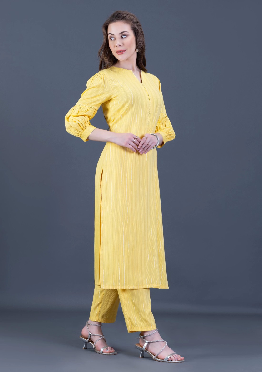 Yellow Rayon Lurex Weave Straight Kurta Pant Co-Ord Set