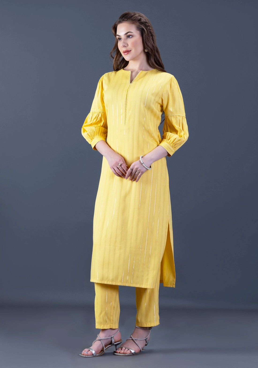 Yellow Rayon Lurex Weave Straight Kurta Pant Co-Ord Set