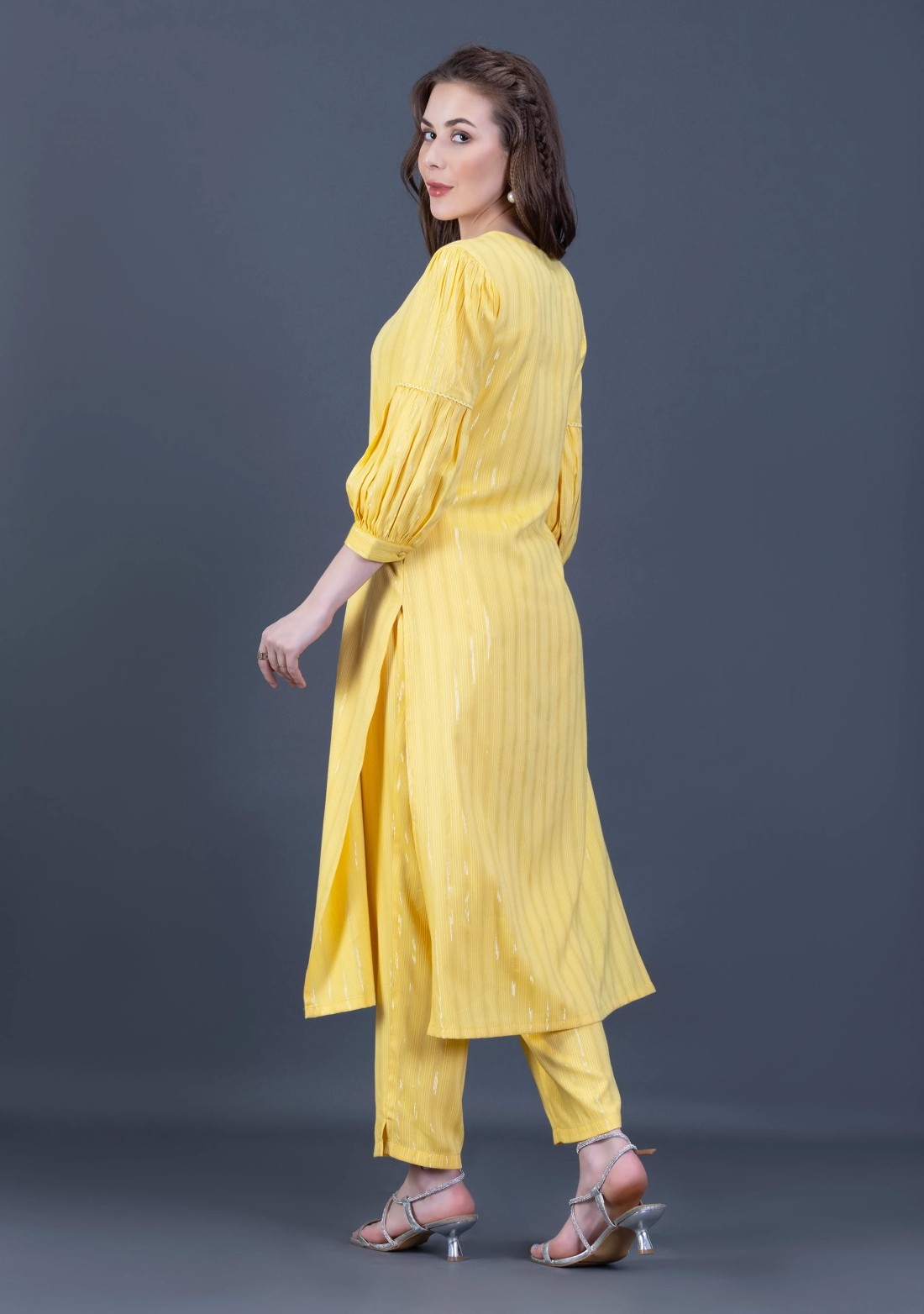 Yellow Rayon Lurex Weave Straight Kurta Pant Co-Ord Set