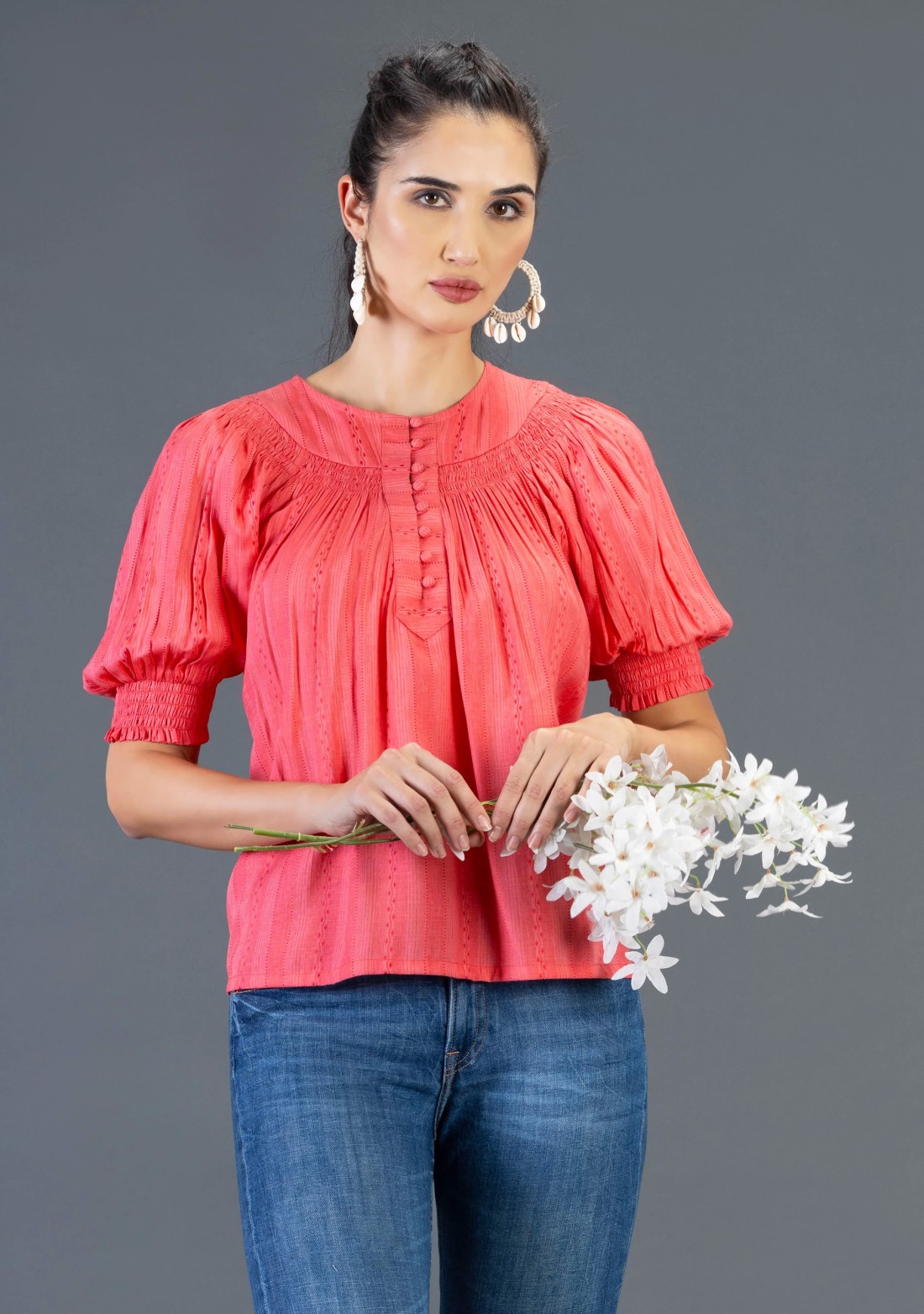 Coral Dobby Rayon Relax Fit A-Line Top