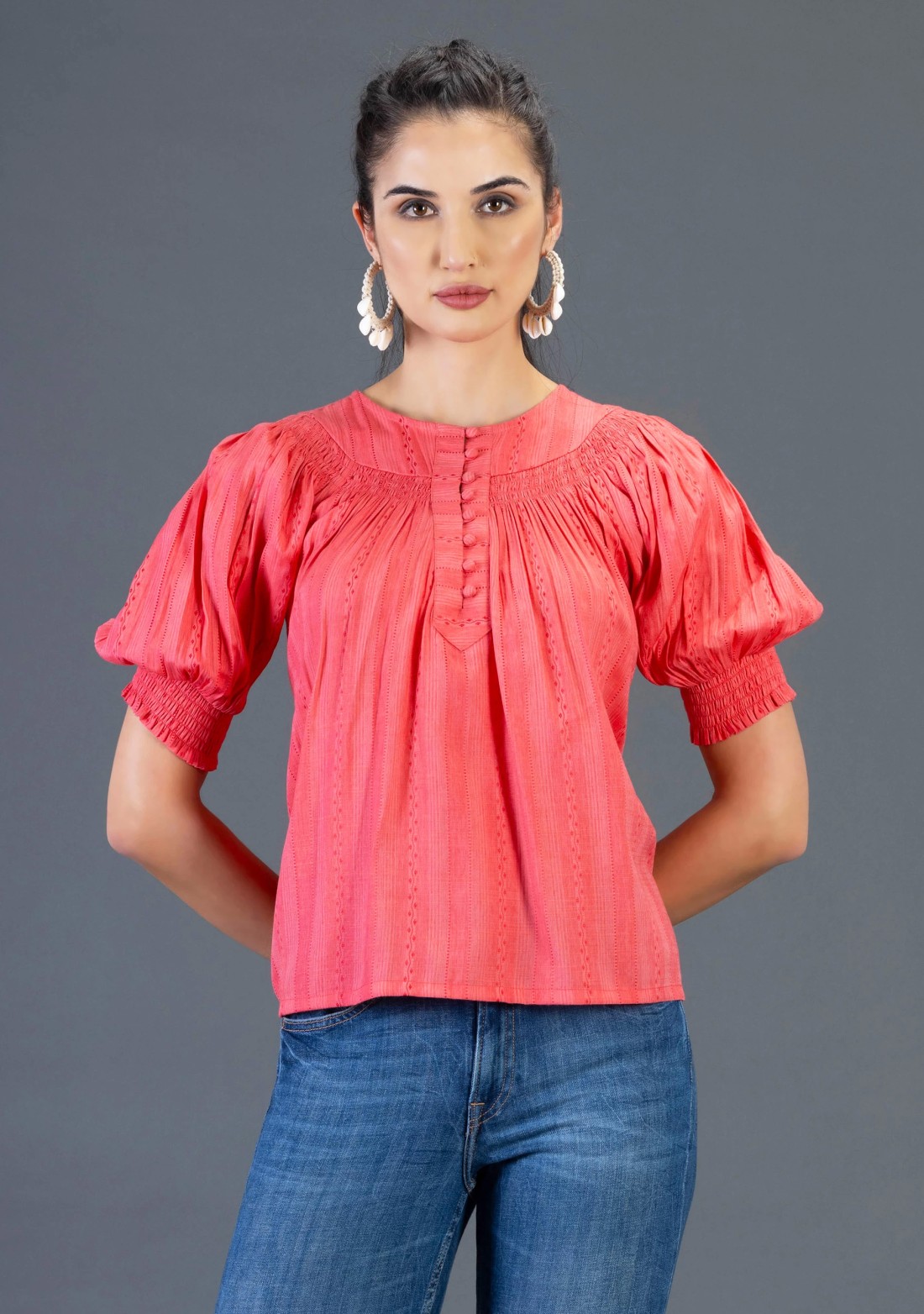 Coral Dobby Rayon Relax Fit A-Line Top