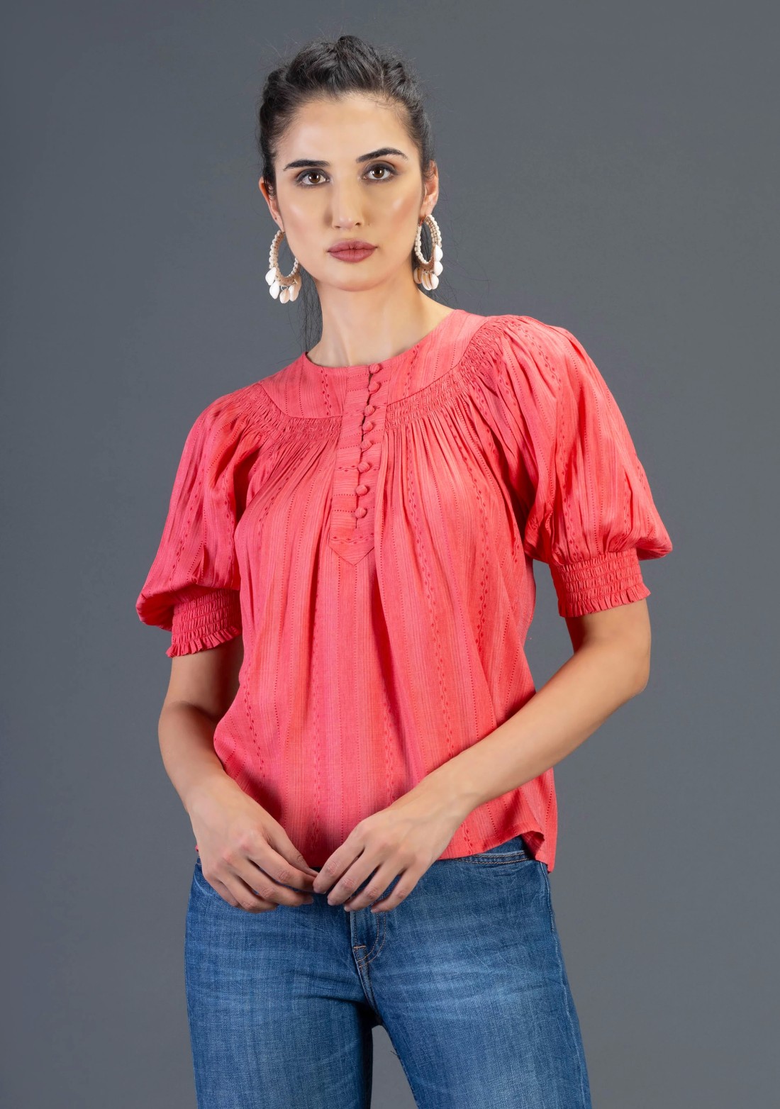 Coral Dobby Rayon Relax Fit A-Line Top