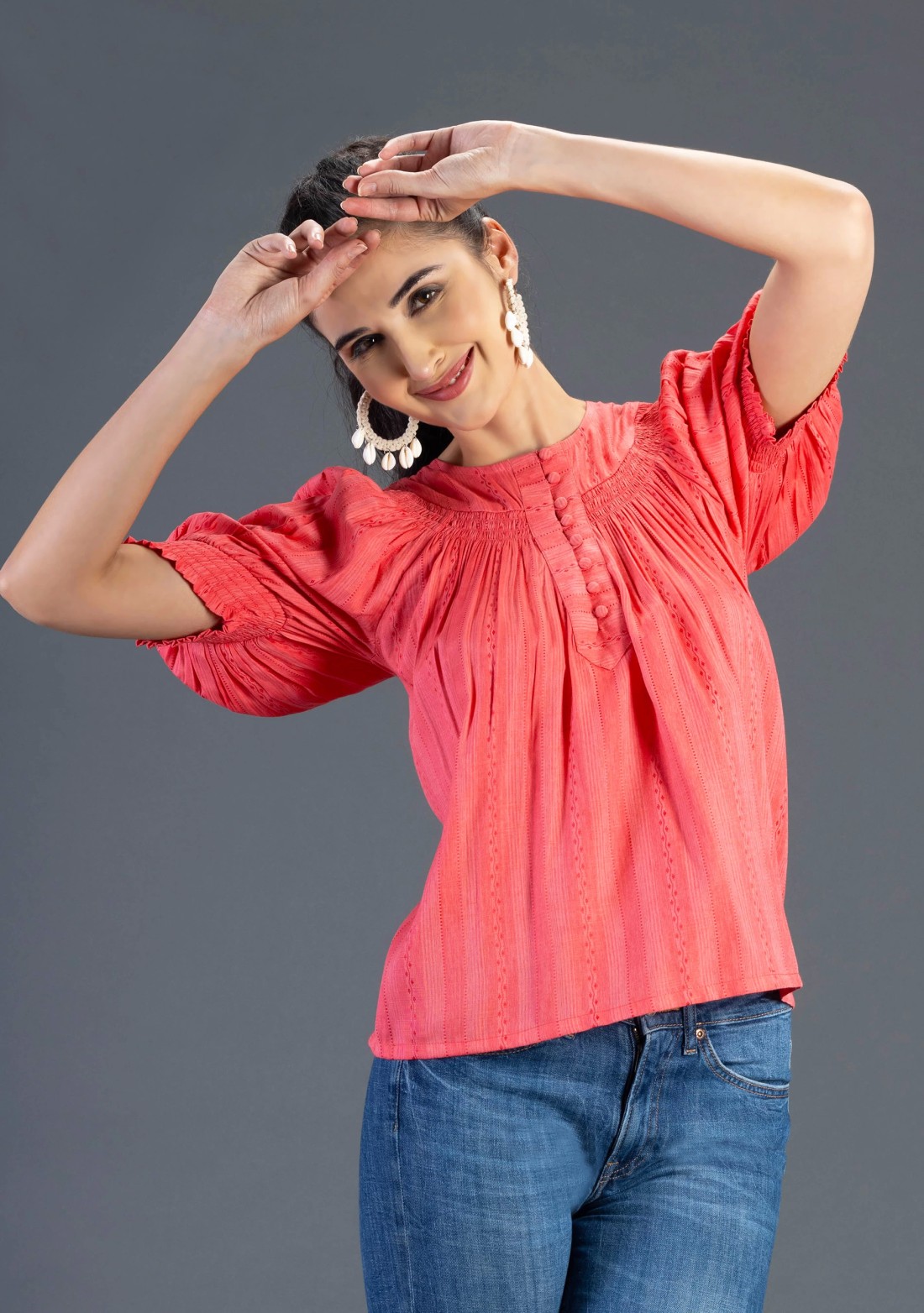 Coral Dobby Rayon Relax Fit A-Line Top