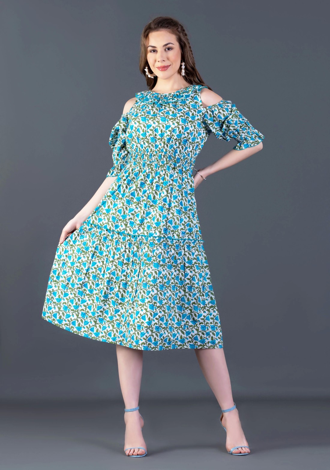 White and Turquoise Printed Cotton Flared Midi Dress