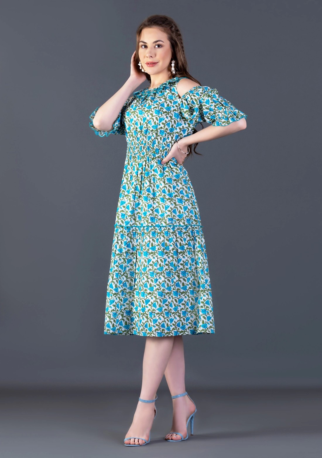 White and Turquoise Printed Cotton Flared Midi Dress