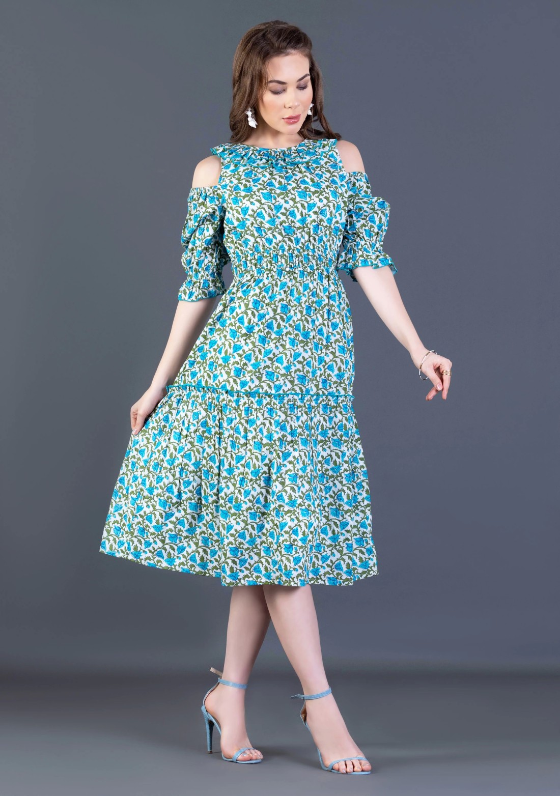 White and Turquoise Printed Cotton Flared Midi Dress