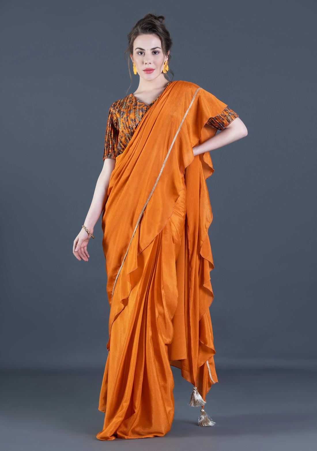 Orange Ready-to-Wear Chinnon Chiffon Ruffled Saree with Unstitched Embroidered Blouse