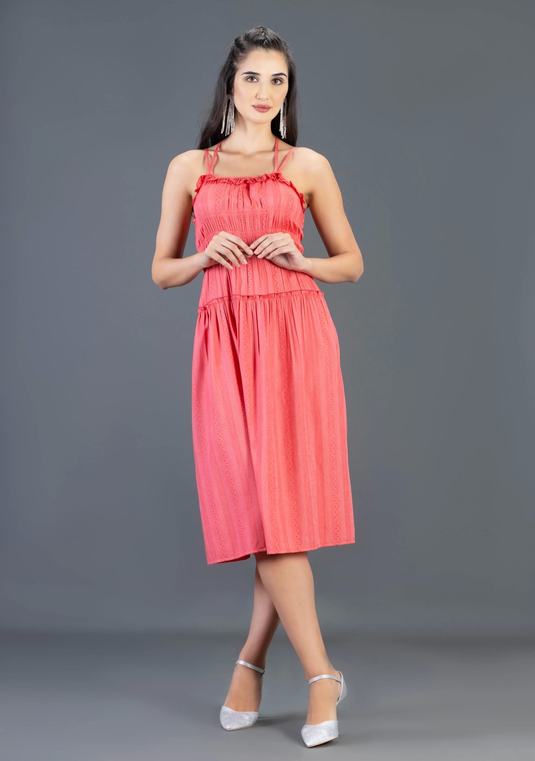 Coral Dobby Rayon Spaghetti Flared Midi Dress