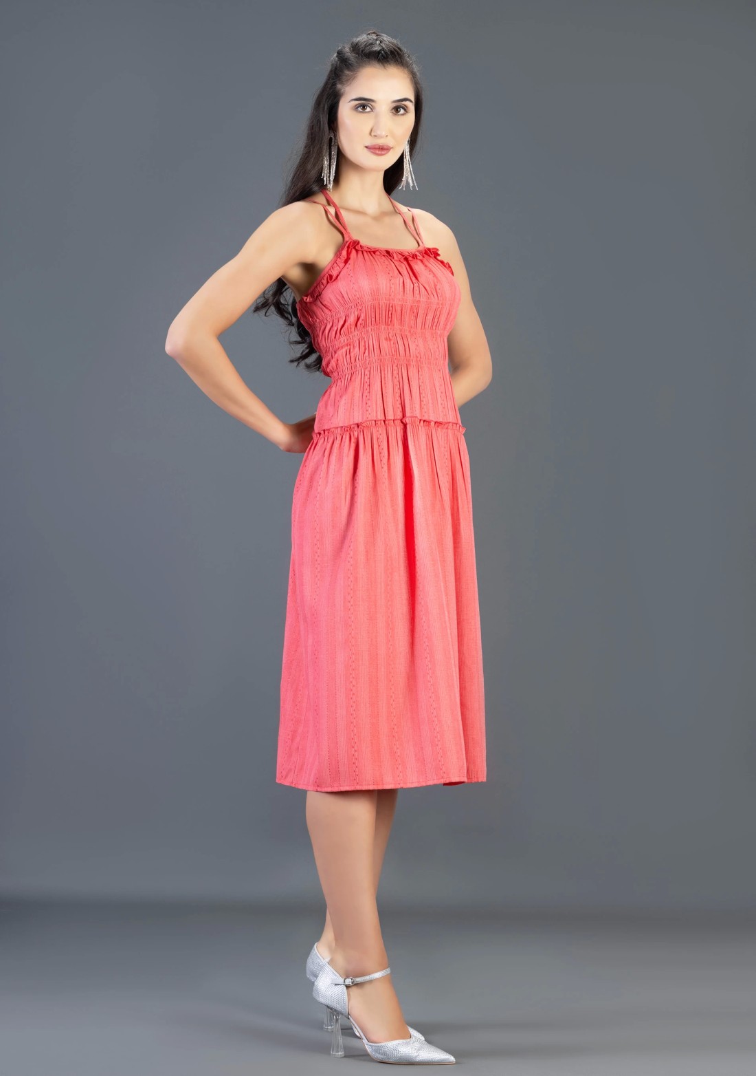 Coral Dobby Rayon Spaghetti Flared Midi Dress