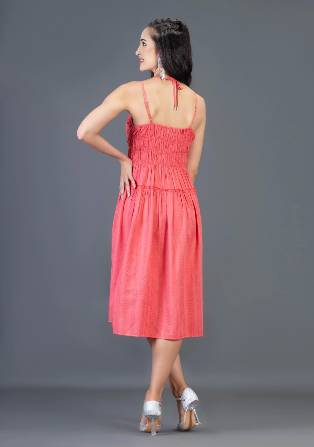 Coral Dobby Rayon Spaghetti Flared Midi Dress