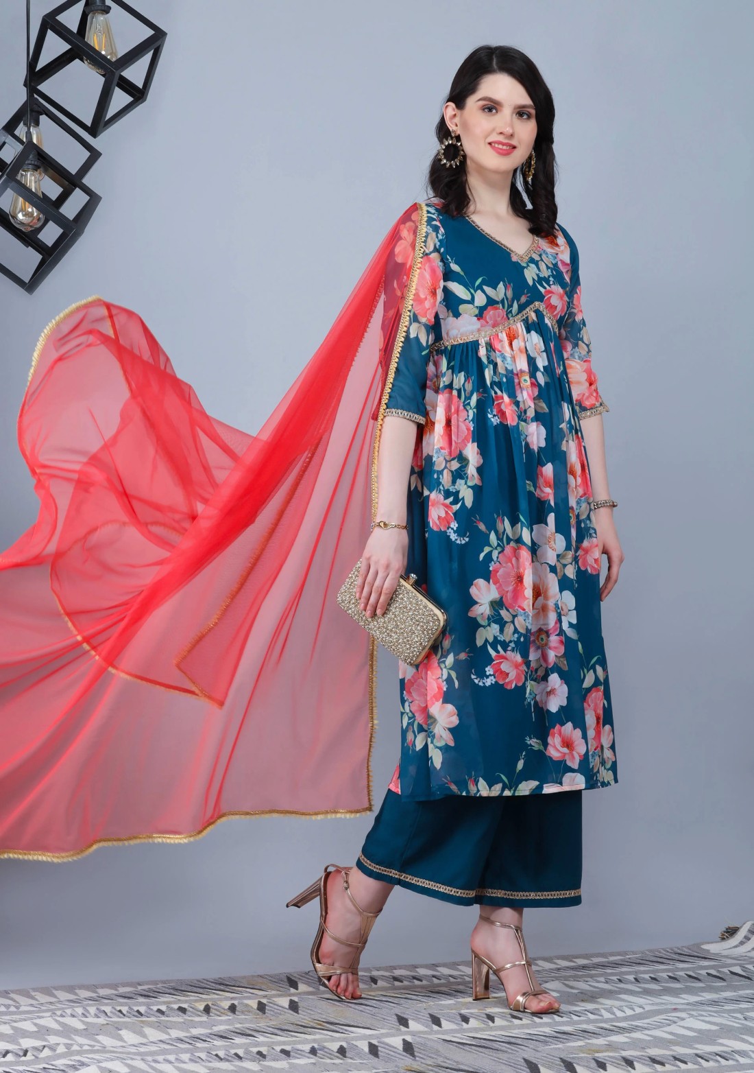 Deep Turquoise Blue Georgette Floral Printed Kurta Palazzo Dupatta Set