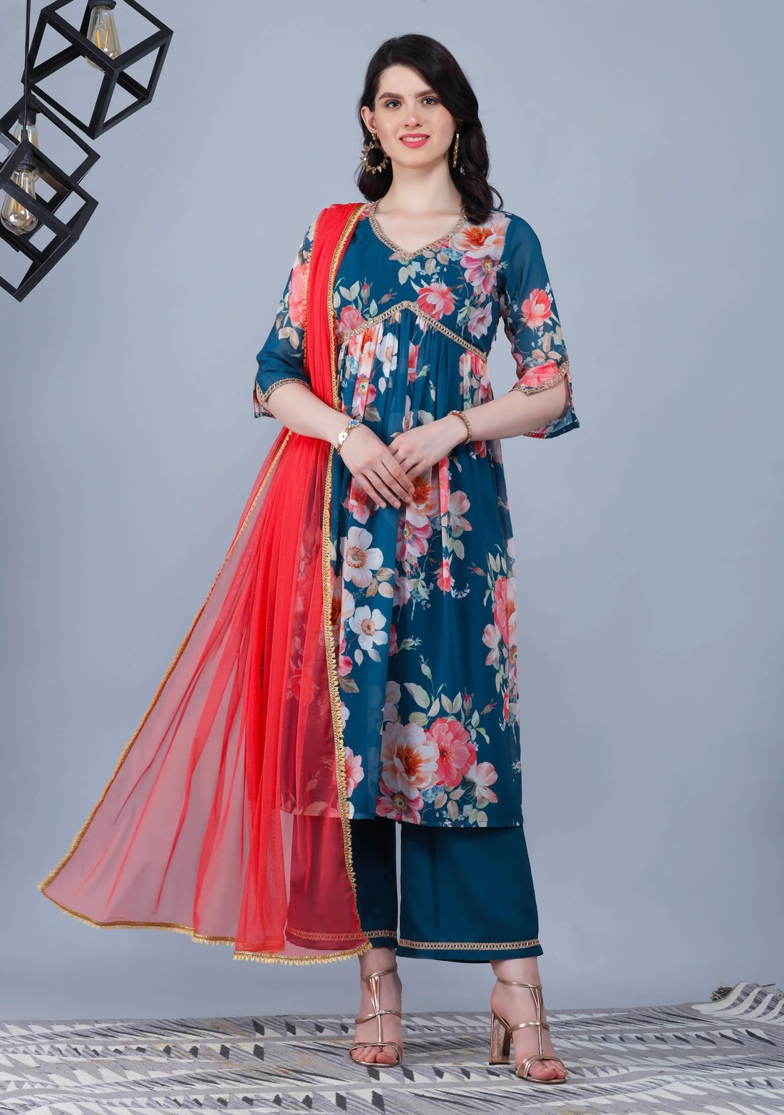 Deep Turquoise Blue Georgette Floral Printed Kurta Palazzo Dupatta Set