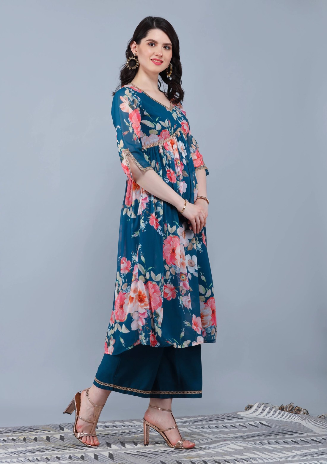 Deep Turquoise Blue Georgette Floral Printed Kurta Palazzo Dupatta Set