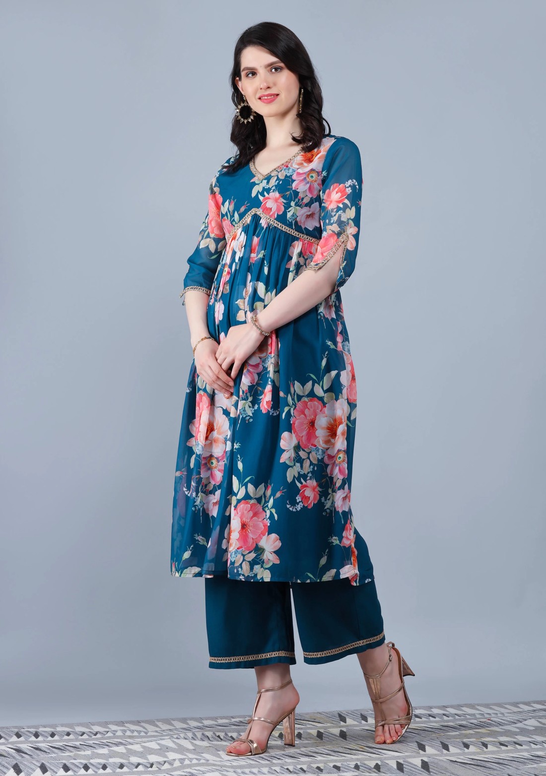 Deep Turquoise Blue Georgette Floral Printed Kurta Palazzo Dupatta Set