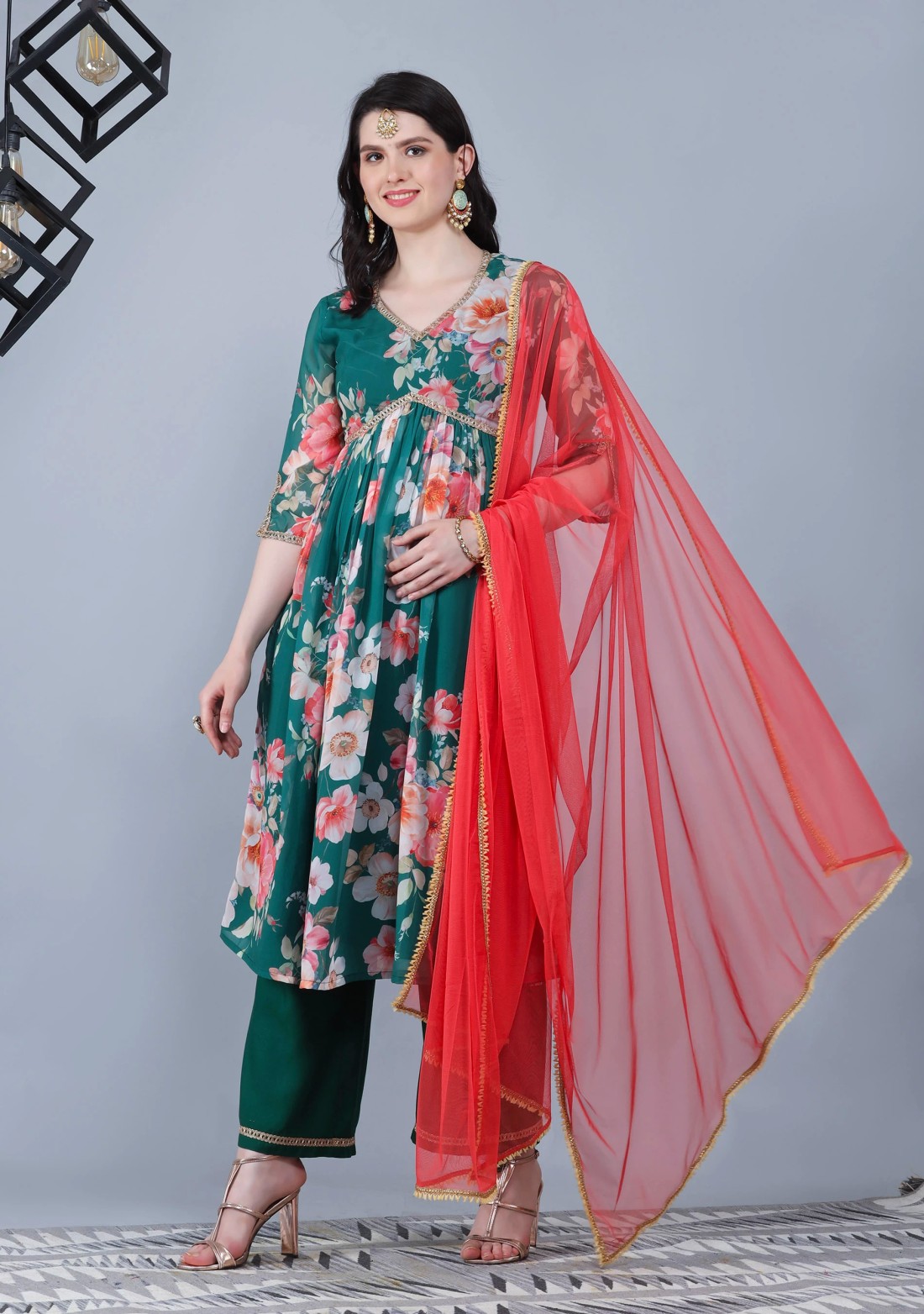 Bottle Green Georgette Floral Printed Kurta Palazzo Dupatta Set