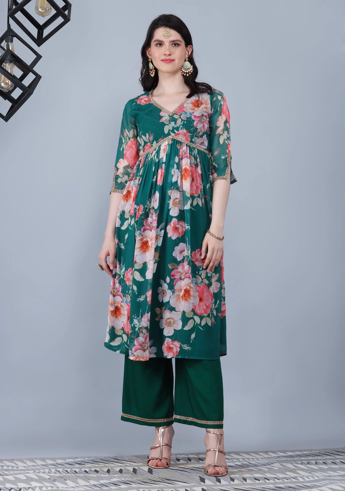 Bottle Green Georgette Floral Printed Kurta Palazzo Dupatta Set