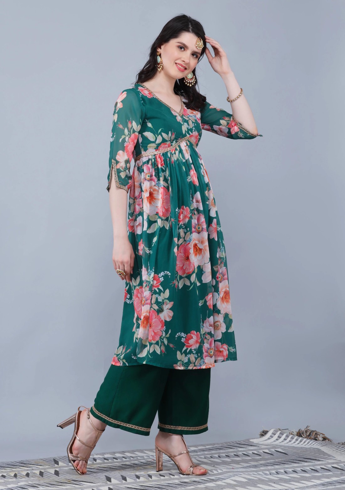 Bottle Green Georgette Floral Printed Kurta Palazzo Dupatta Set