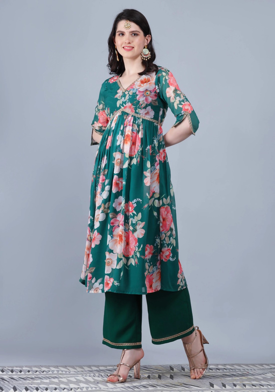 Bottle Green Georgette Floral Printed Kurta Palazzo Dupatta Set