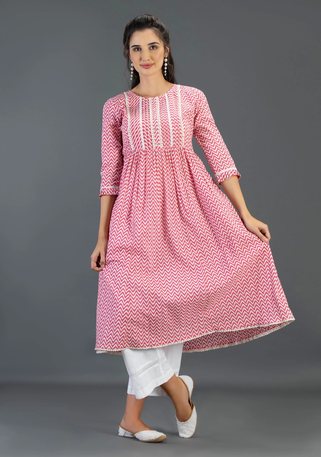 Pink Cotton Flared Kurta