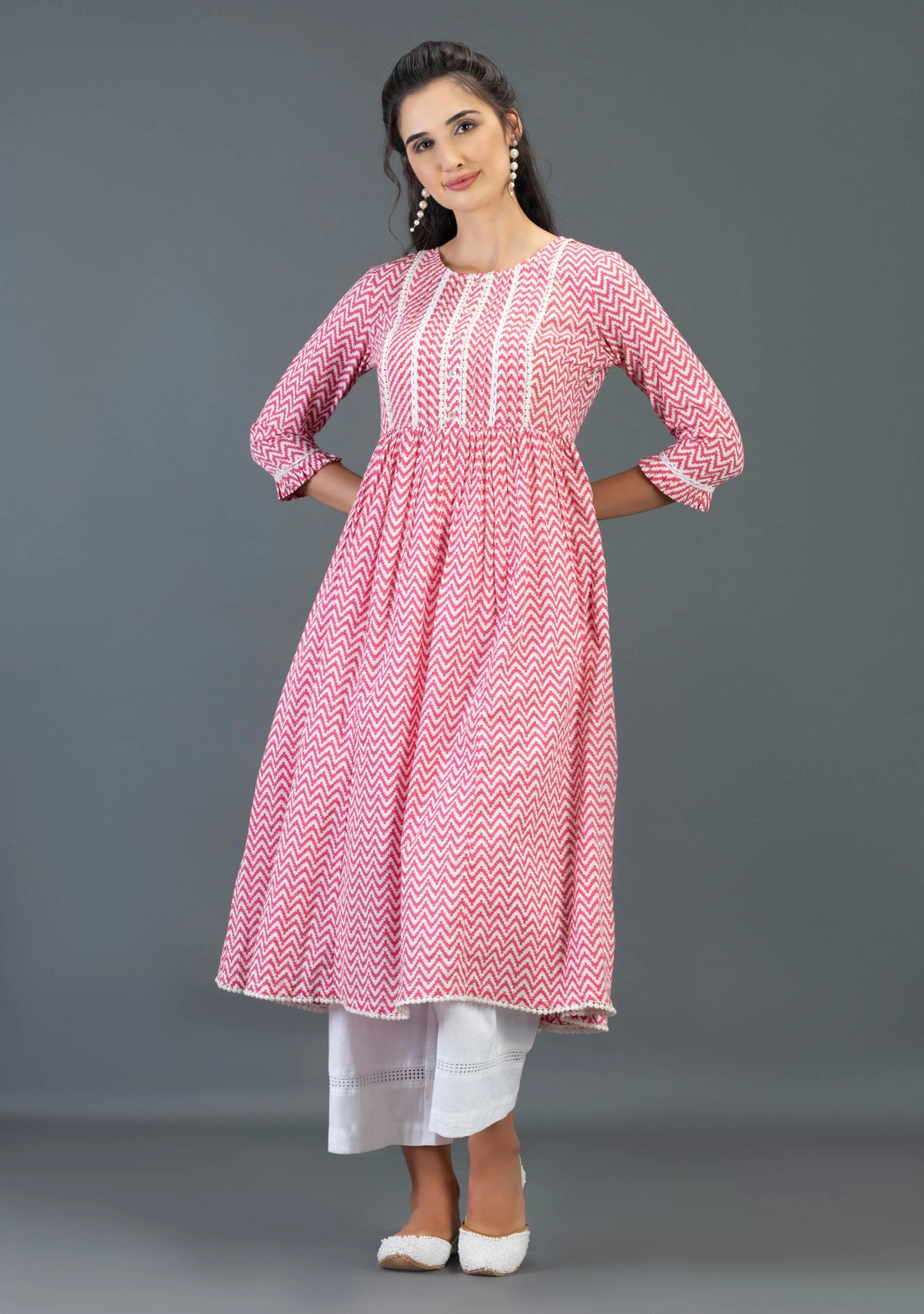 Pink Cotton Flared Kurta