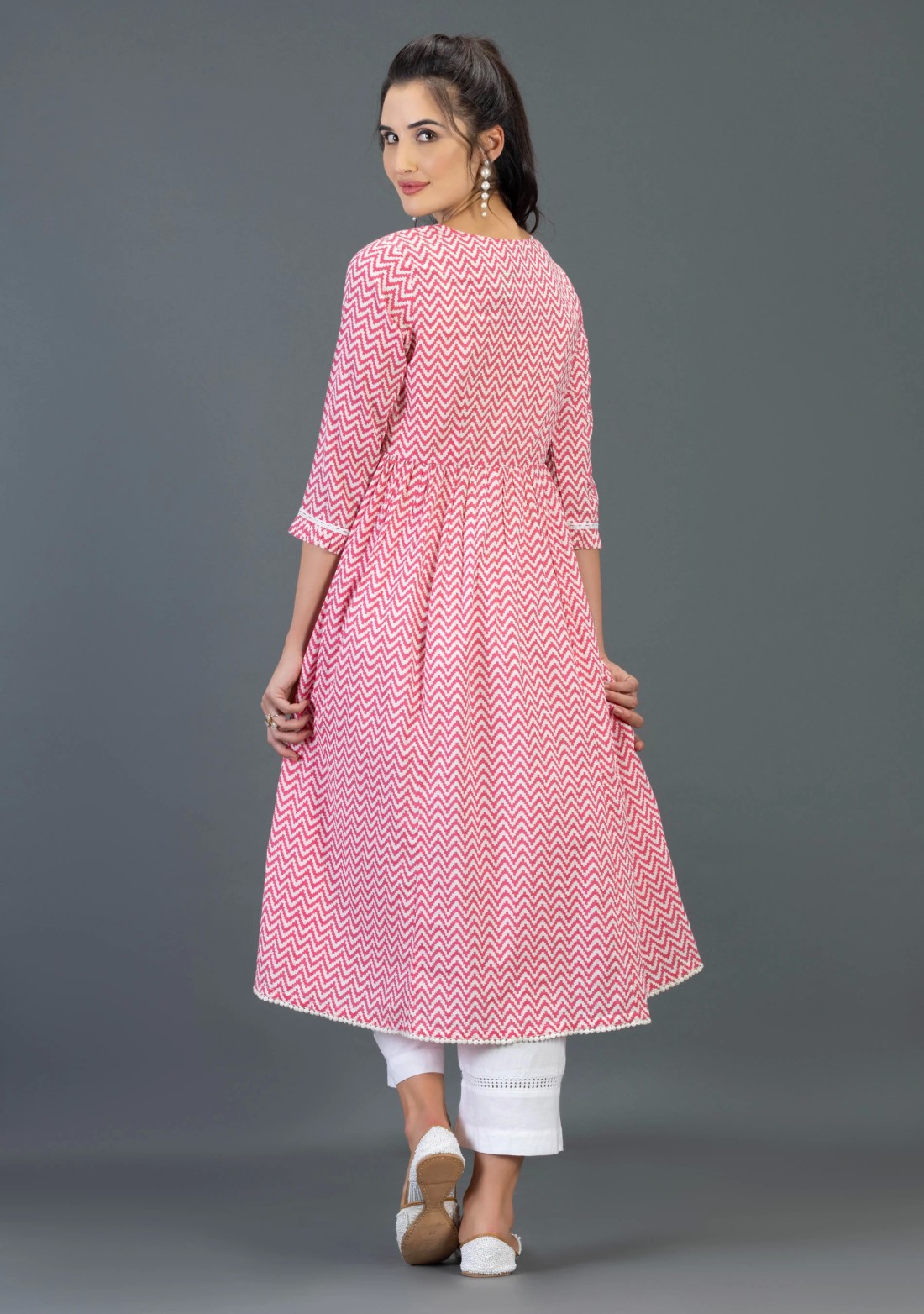 Pink Cotton Flared Kurta