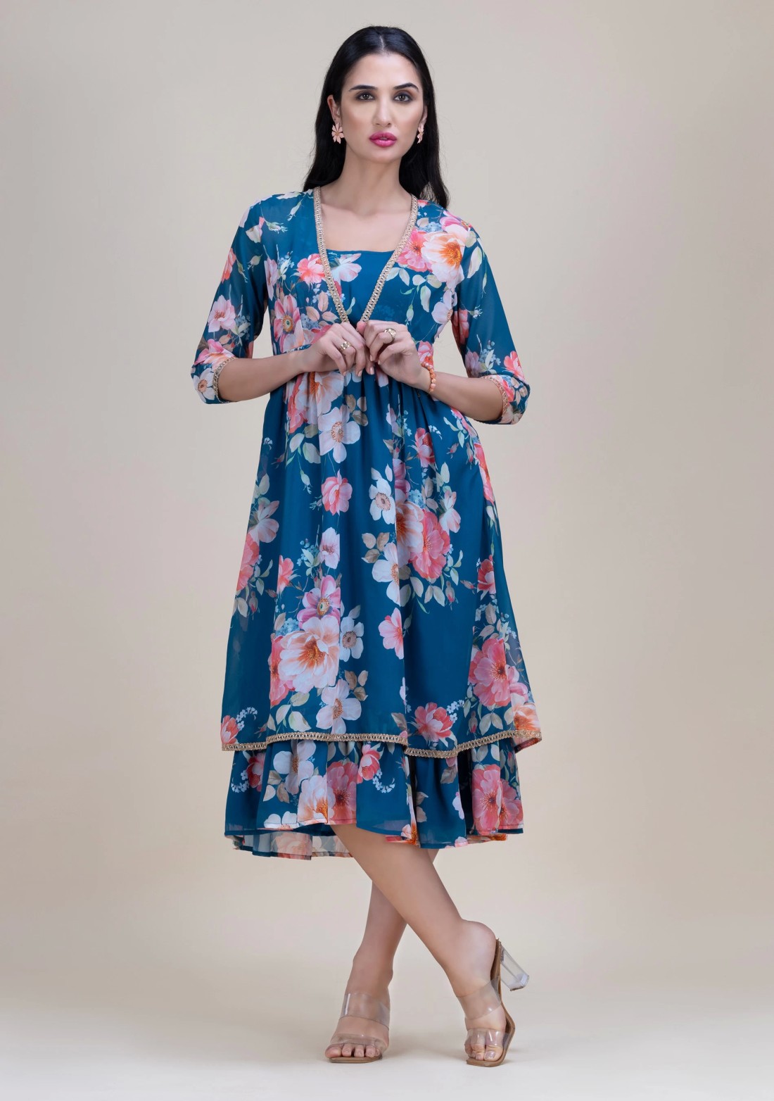 Multi Colour Big Floral Print Georgette Midi Dress