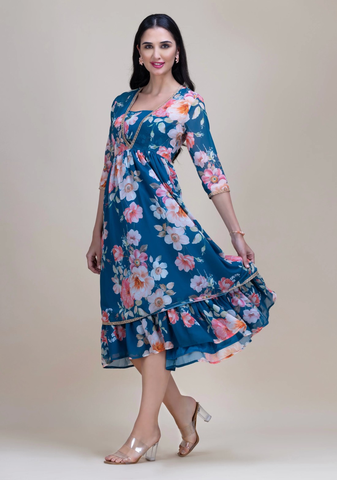 Multi Colour Big Floral Print Georgette Midi Dress